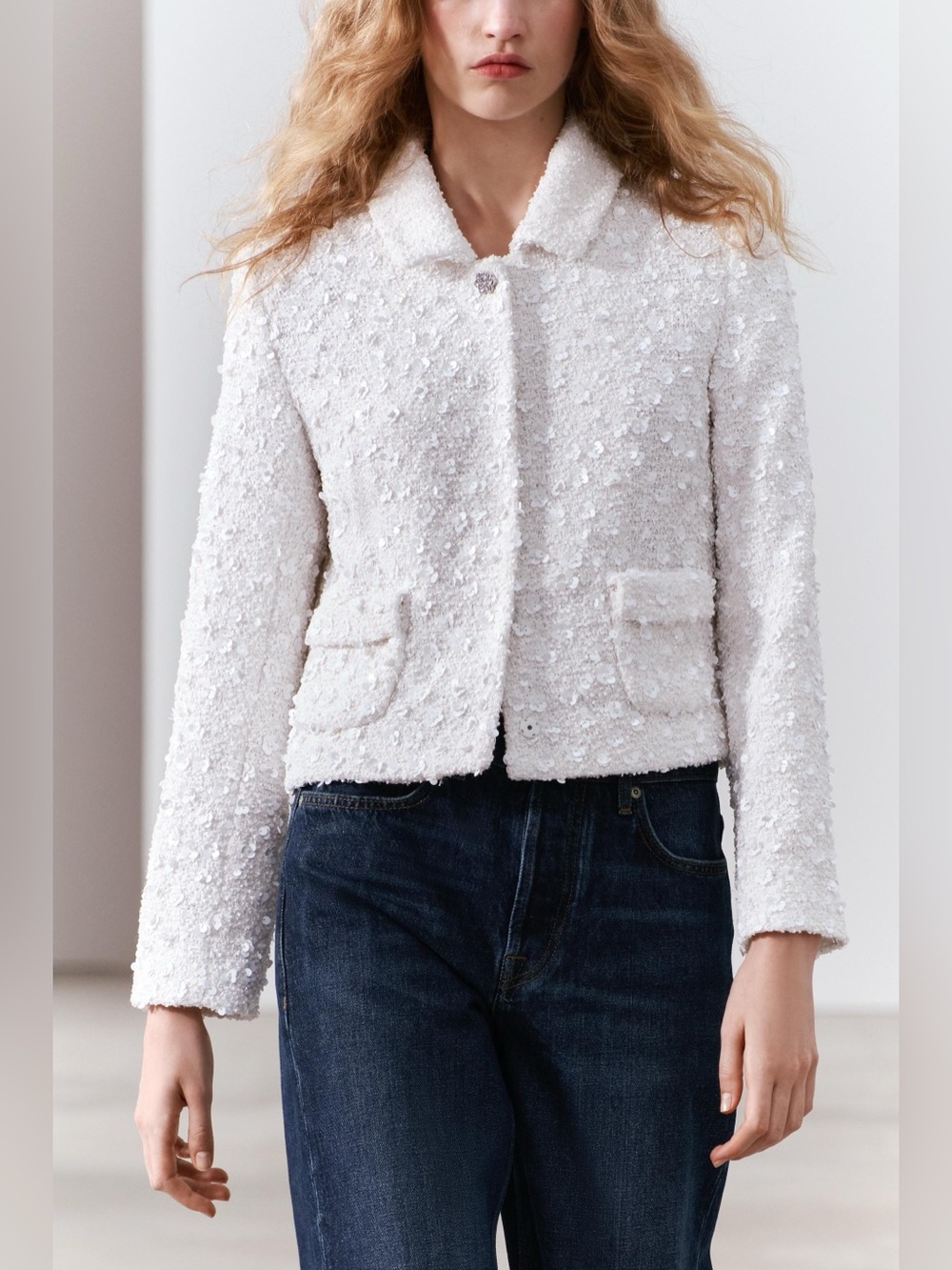 Zara ZW Collection White Sequin Cropped Jacket- Size Medium- NWT